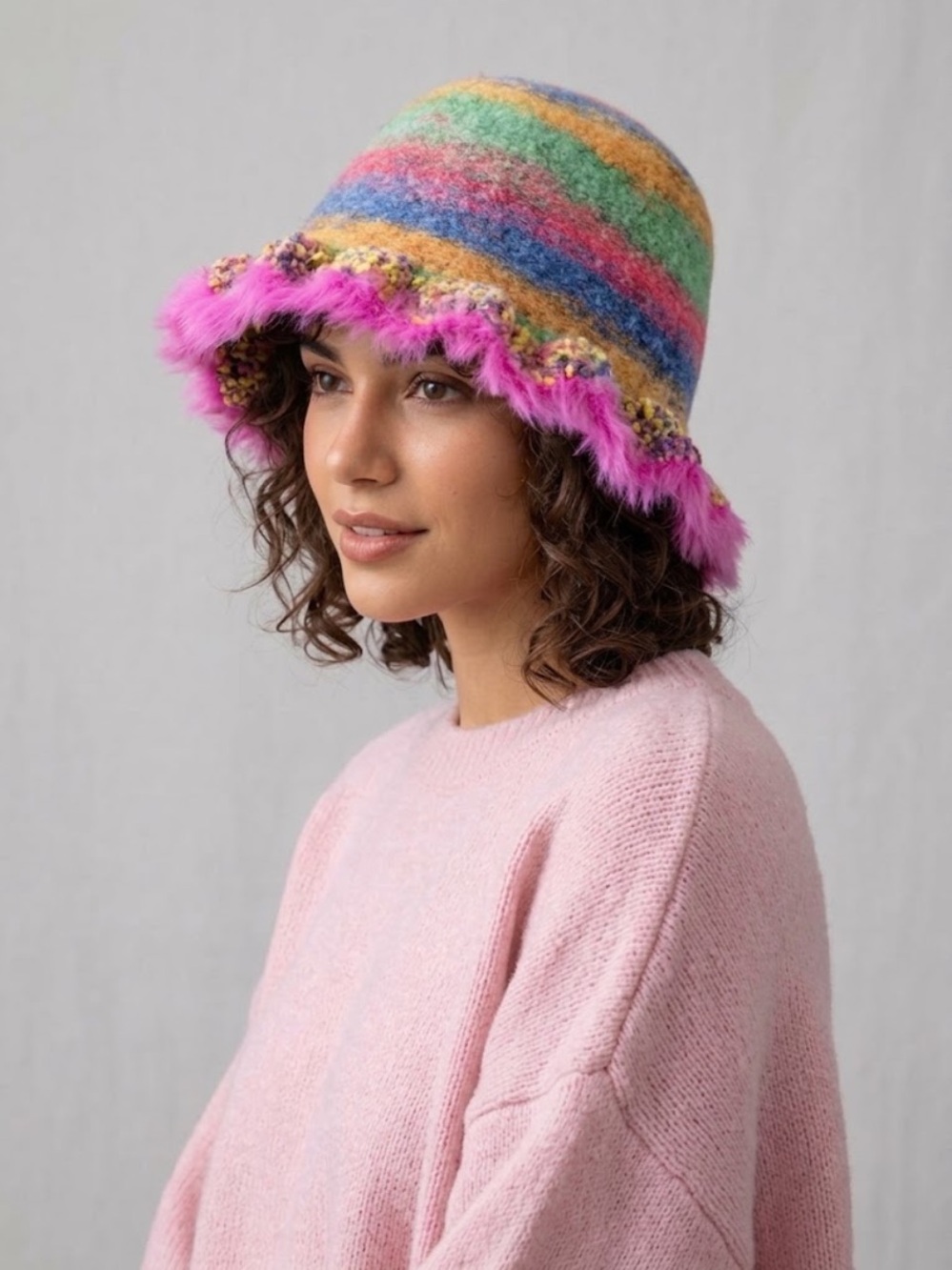 Colorful Striped Bucket Hat with Pink Trim - Women Accessories